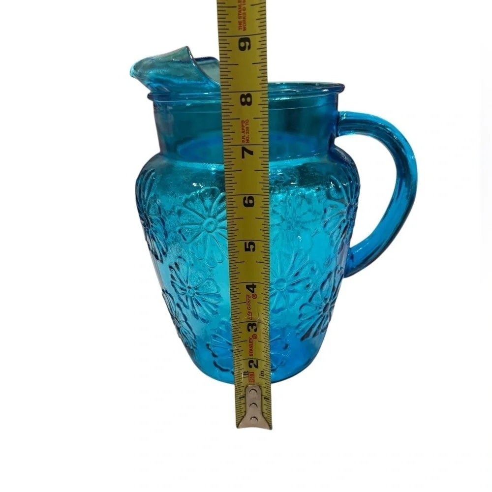 Cobalt Blue Glass Water Pitcher Vtg. 1960’s Embossed Floral Mid Century Modern